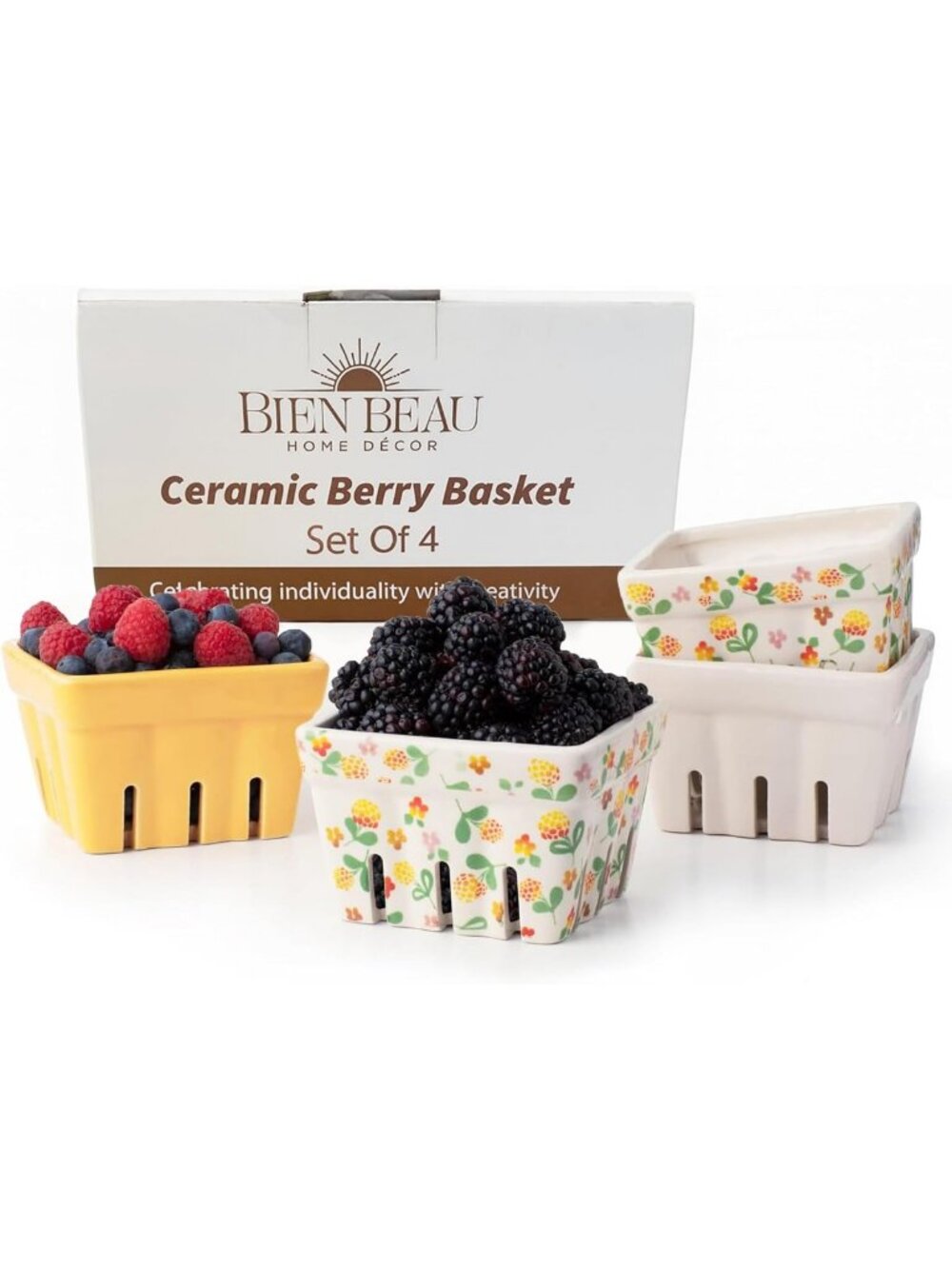 Floral Ceramic Berry Basket Set of 4 | Stylish Fruit Colanders for Kitchen Decor